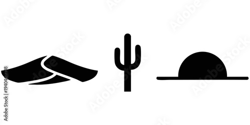 Desert Nature Silhouette Set: Sand Dune with Path, Saguaro Cactus, and Setting Sun Icons