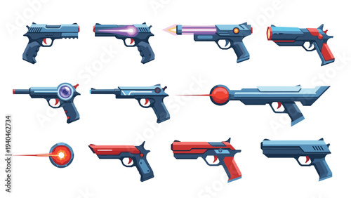 Set of futuristic laser pistols in cartoon style for gaming design
