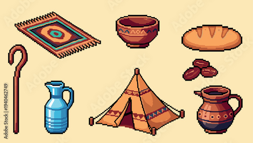 Colorful pixel art set featuring camping gear and mediterranean items