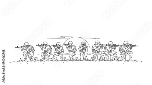 Tactical squad in action: line art of soldiers aiming in combat formation