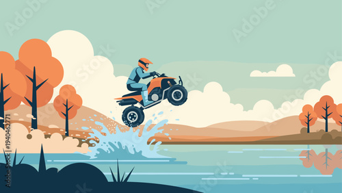Adventure illustration with biker jumping over lake in vibrant landscape scene