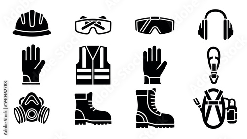 Silhouette icons of safety equipment for construction and industrial work