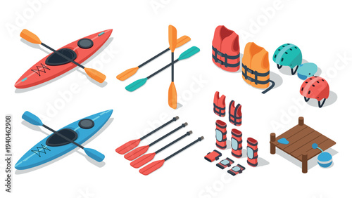 Kayaking equipment collection with isometric paddles, boats, safety gear, and dock accessories