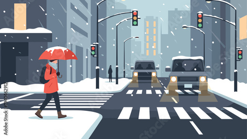 Snowy urban street scene with pedestrians and cars in winter cityscape