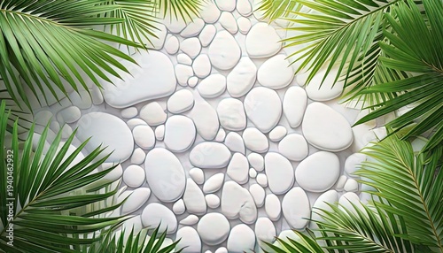 White pebbles and vibrant palm fronds, artfully arranged, creating a natural, serene composition