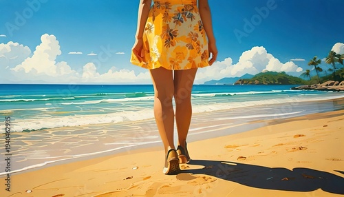 Woman in floral dress strolls along sandy beach, ocean and blue sky in background