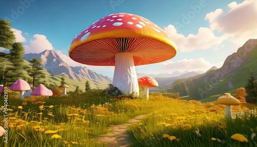 Whimsical scene of giant mushrooms in a sunlit meadow, mountains in the distance