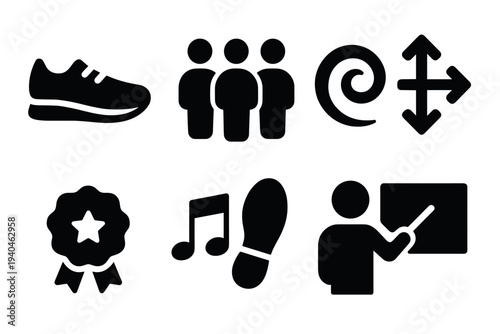 Collection of minimalist icons: shoes, people, and music elements