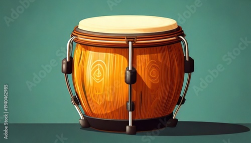 Wooden conga drum, standing upright with skin head, metal hardware, turquoise background