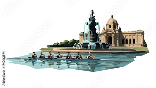 Geometric rowing team on water near historical monument and fountain