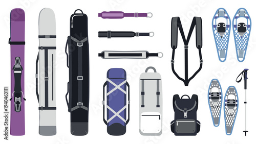 Flat winter sports equipment collection: snowboards, backpacks, snowshoes, and poles