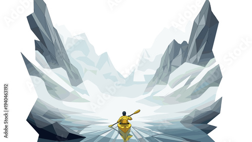 Adventure kayaking in serene mountain landscape with geometric style