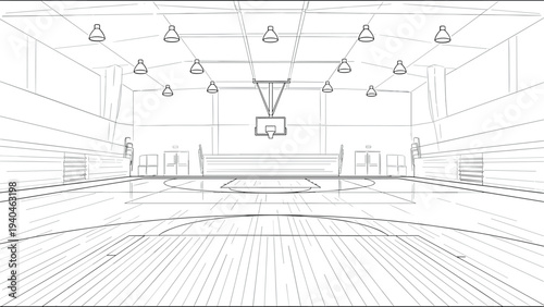 Modern indoor basketball court in linear style with wooden flooring and hoops