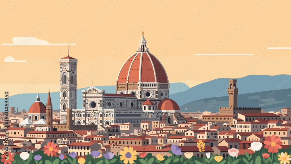 Fototapeta premium Charming flat art depiction of florence with famous cathedral and cityscape