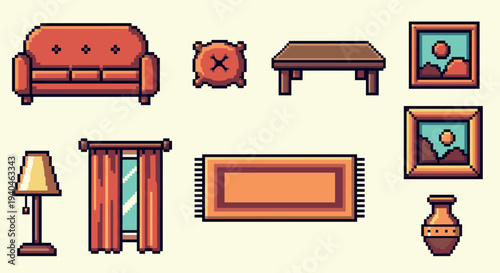 Pixel art home decor set: retro furniture and accessories collection