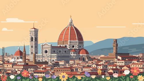 Charming flat art depiction of florence with famous cathedral and cityscape