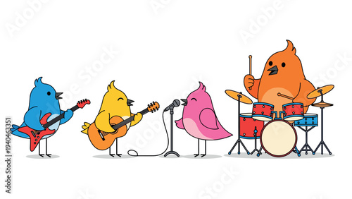 Colorful cartoon birds playing musical instruments in a band