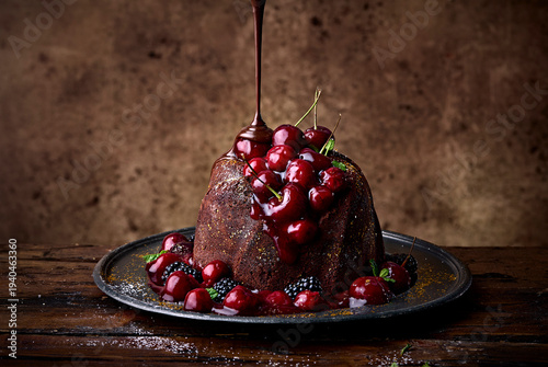 Chocolate Cherry Cake with Cherry Compote and Chocolate Sauce Pouring on Dark Wooden Background