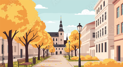 Charming autumn cityscape with tree-lined pathway and historical architecture