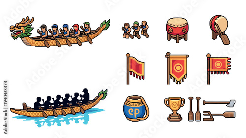 Pixel art dragon boat festival icons: rowers, drums, flags, trophies, and oars