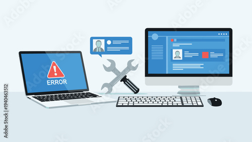 Computer troubleshooting with tools and error warning on screens