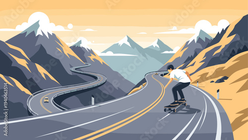 Mountain road adventure skater on winding highway in vibrant landscape