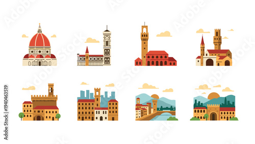 Iconic landmarks of florence in flat design: a celebration of italian architecture