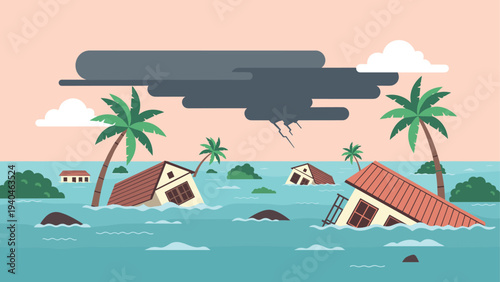 Flat design of tropical flooding scene with sinking houses and storm clouds