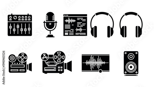 Retro audio equipment icons: microphone, headphones, mixer, tape recorder, speaker