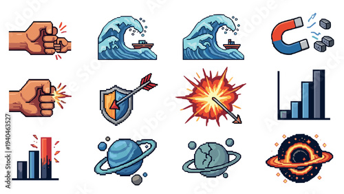 Retro pixel art icons: waves, explosions, and space themes