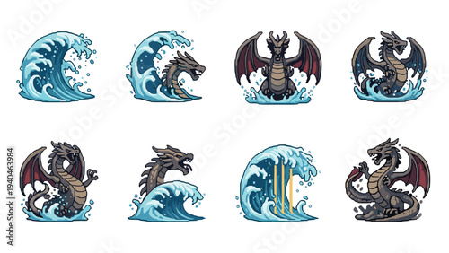 Pixel art dragons emerging from waves in dynamic fantasy designs
