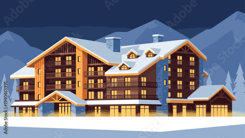 Alpine chalet at night with snowy mountains in the background