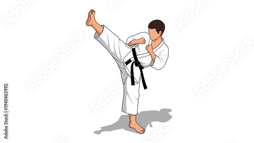 Martial artist in high kick pose wearing traditional white gi