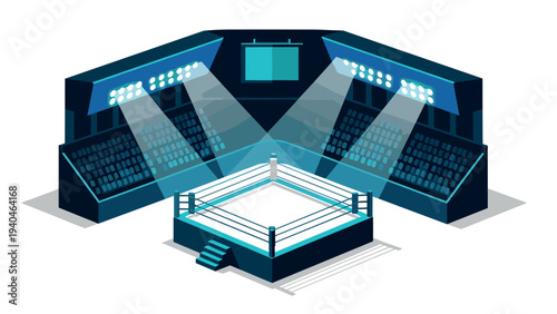 Isometric design of an empty boxing arena with ring and audience seating