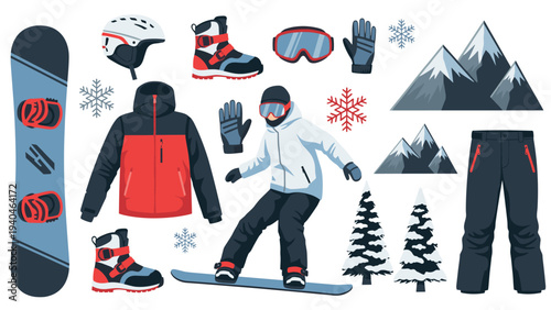 Winter snowboarding gear and scene flat design with snowflakes and mountains
