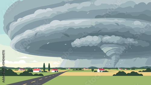 Massive tornado approaching countryside under dramatic sky