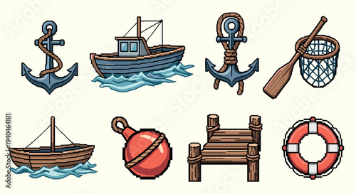 Nautical pixel art icons featuring boat, anchor, and ocean elements