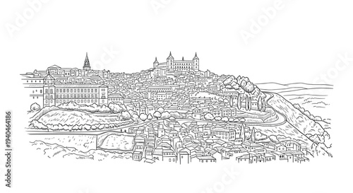Detailed hand drawn cityscape of toledo with architectural landmarks and scenic hills