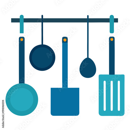 Hanging kitchen utensils set blue turquoise minimalist cookware