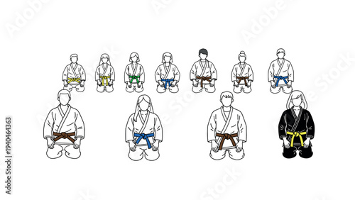 Martial arts class with diverse belt ranks in outline style