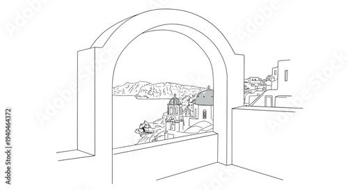 Minimalist coastal architecture with mediterranean sea view through arched window