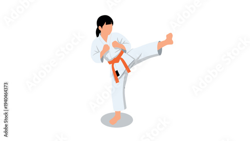 Karate martial artist performing kick in simplified style on white background