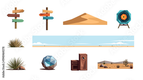 Desert landscape collection with signs, targets, and geometric elements