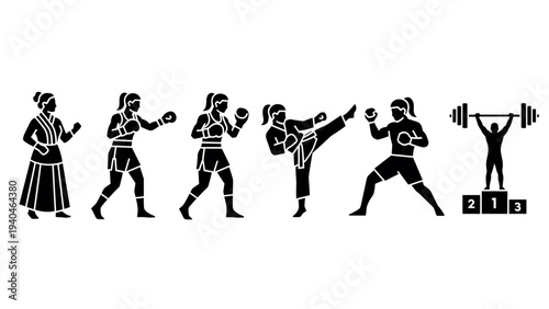 Martial arts and fitness: silhouette athletes in action and strength training