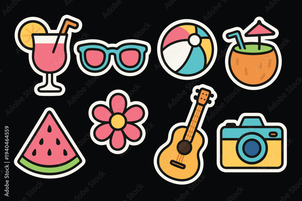 Obraz premium Colorful summer icons with beach day vibes on black background