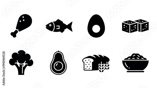 Simple black silhouettes of food items including meat, fish, egg, and vegetables