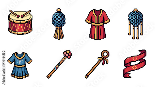 Retro pixel art medieval costume and accessories collection