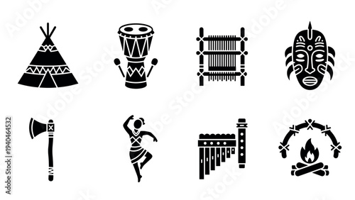 Tribal collection: tent, drum, loom, mask, axe, dance, pan flute, campfire icons