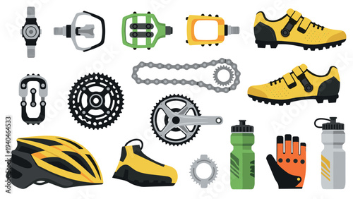 Cycling gear and equipment set: shoes, pedals, chainrings, helmet, bottles