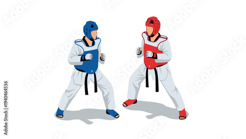 Taekwondo athletes sparring in protective gear on white background